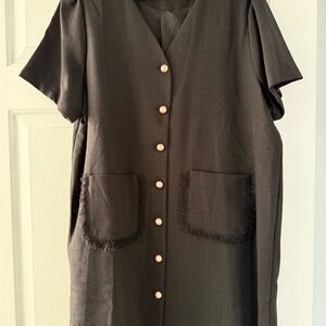 Black Button-Down Dress with Fringe Pockets